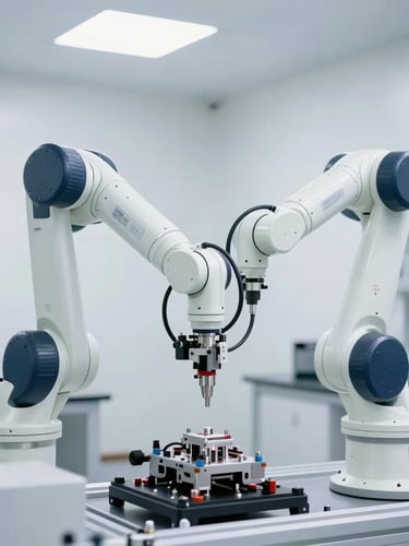 A high-key, bright photograph of an advanced multi-axis robotic arm performing high-precision assembly in a clean, modern white-walled laboratory with natural daylight.