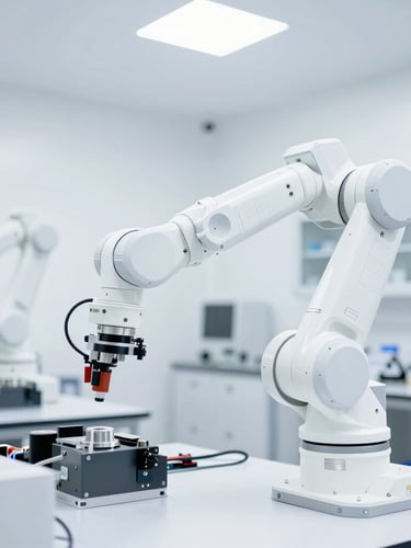 Bright high-key photography of a clean modern robotics laboratory, a white robotic arm in sharp focus under crisp daylight, technical precision, wide environmental shot
