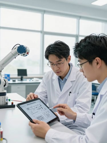Bright high-key photograph of engineers analyzing technical schematics on a tablet in a modern, clean-lit robotics laboratory with large windows