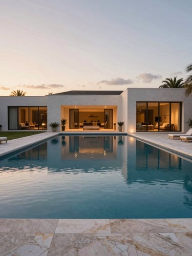 Wide architectural elevation of a perimeter-overflow pool at twilight, water reflecting modern minimalist estate, soft lighting, South Florida, 35mm.