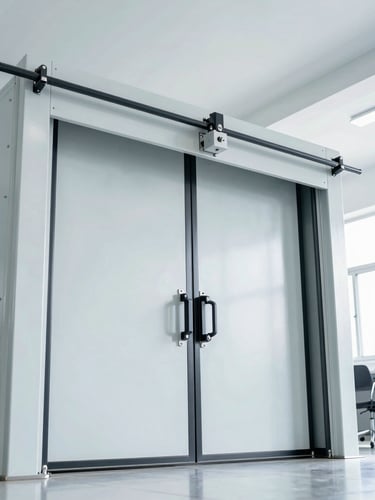 Low-angle shot of a heavy-duty automatic sliding door undergoing automated mechanical stress testing in a bright, modern engineering laboratory, cool metallic tones