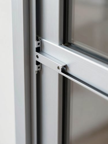 Extreme close-up of a sleek aluminum sliding door profile, clean architectural studio lighting, highlighting metallic textures and precise mechanical joints, 35mm lens