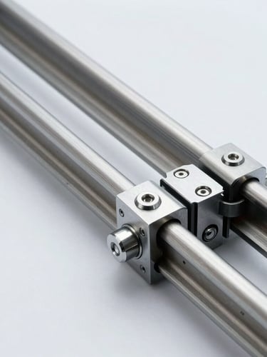 Extreme close-up of heavy-duty steel rollers and mechanical joints of a sliding door track, bright architectural studio lighting, cool metallic tones, sharp focus