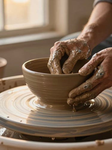 Close-up macro shot of hands covered in wet terracotta clay shaping a heavy bowl on a spinning wooden potter's wheel, water dripping, warm golden-hour window light, shallow depth of field.