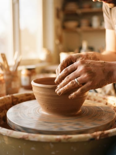 Close-up of hands covered in wet clay shaping a stoneware bowl on a potter's wheel, warm golden-hour light streaming through a window, earthy terracotta tones, shallow depth of field, 35mm film