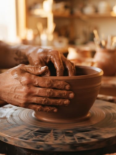 Close-up of potter's hands covered in wet terracotta clay shaping a heavy stoneware bowl on a wooden wheel, warm golden-hour window light casting long soft shadows, 35mm film style