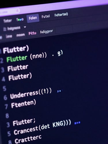 Macro shot of a high-resolution IDE screen displaying clean, structured Flutter code, illuminated by neon violet and deep blue backlighting, shallow depth of field.