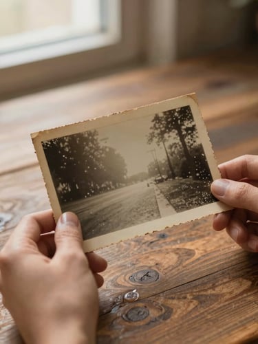 Hands holding an aged physical photograph over a rustic wooden table, soft warm directional window light, rich textures of vintage paper, nostalgic film grain.