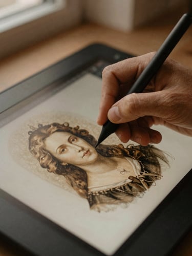 A close-up of a digital artist's hand using a stylus on a drawing tablet, meticulously repairing a digital scan of an antique portrait, soft warm light.