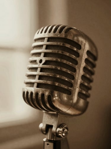 Extreme close-up of a vintage brass microphone, soft directional window light, warm dust motes, rich sepia tones, nostalgic film grain, 9:16 portrait crop