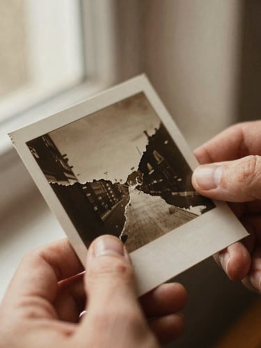 Extreme close-up of hands carefully holding a torn, sepia-toned vintage physical photograph under soft window light, nostalgic film grain.