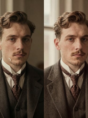 Split-screen macro shot of a torn 1920s portrait side-by-side with its fully colorized, clean restoration. Soft directional window light, rich sepia and warm color tones, nostalgic film grain.
