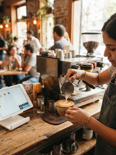 Close-up of a barista's hands preparing coffee in a vibrant, sunlit cafe in Buenos Aires, with a clean tablet interface visible on the counter, shallow depth of field, natural daylight, warm tones.