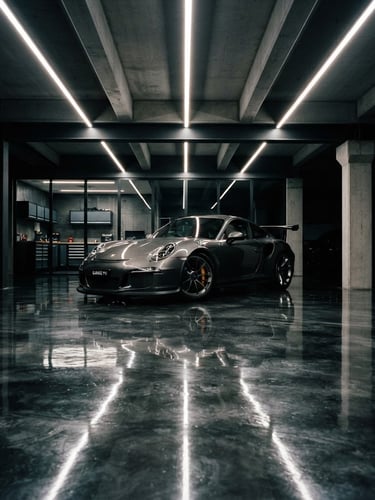 Low-angle architectural shot of a luxury private garage with a glossy dark metallic epoxy floor reflecting a sports car, intense overhead linear lighting, deep shadows, 35mm