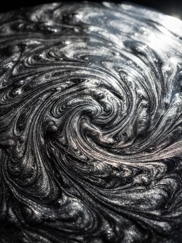 Macro photograph of thick liquid metallic epoxy swirling under high-contrast directional lighting, deep shadows with bright specular reflections, rich charcoal and silver tones