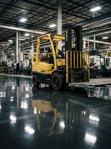 Low-angle wide shot of a heavy forklift driving over a glossy, seamless charcoal epoxy floor in a high-tech manufacturing plant, sharp specular reflections of overhead industrial lighting.