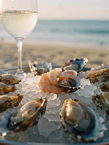 Close-up of a raw seafood platter on ice with a condensation-covered white wine glass, warm golden-hour sunlight casting soft shadows, 35mm photography