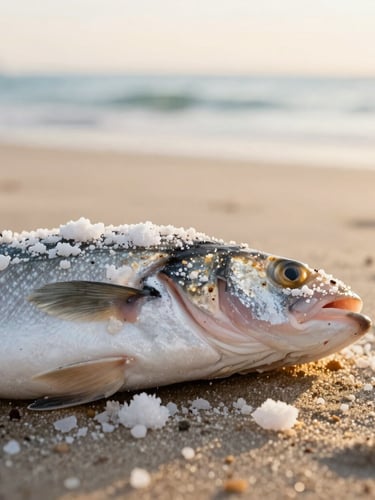 Close-up macro shot of a fresh raw sea bass baked in a pristine white salt crust, golden-hour coastal light, soft sandy background, 35mm