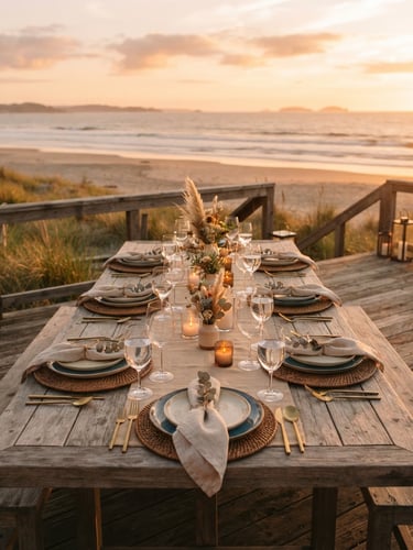 Warm editorial photography of an elegant, empty wooden dining table set on a beach deck at sunset, soft golden hour light, shallow depth of field, 35mm