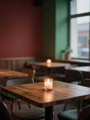 Cozy Scandinavian-style restaurant dining room at dusk, warm candle light on empty wooden tables, soft shadows.