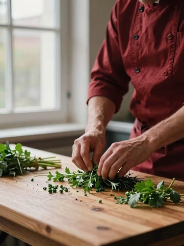 Cozy editorial photography of a Scandinavian-style restaurant kitchen, natural window light, chef prepping fresh herbs on a wooden table, rich crimson tones, shallow depth of field.