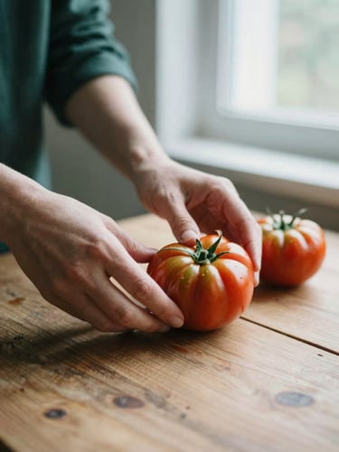 Close-up of hands arranging fresh heirloom tomatoes on a rustic wooden table, soft Scandinavian window light, shallow depth of field