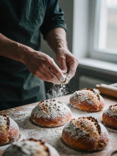 Close-up of a chef's hands dusting flour over freshly shaped sourdough loaves, soft Scandinavian window light, moody shadows, 35mm film.