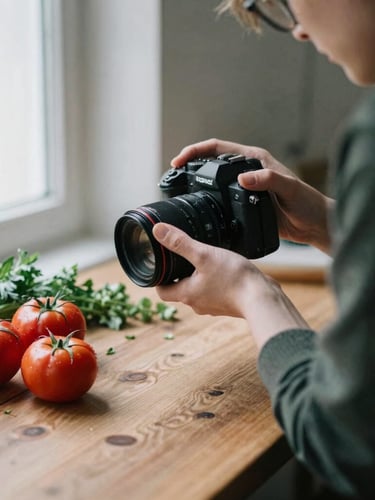 Candid behind-the-scenes shot of a photographer adjusting a camera lens over a rustic wooden table with fresh red tomatoes and green herbs, soft overcast light, 35mm film.