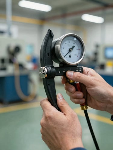 Close-up of two hands gripping a clamp-style energy meter against an industrial factory floor background, bright even studio lighting on the instrument, blurred machinery and cable trays in the mid-ground, shallow depth of field emphasising the meter display