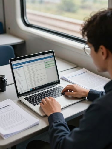 Wide-angle over-the-shoulder view of a trainee at a desk studying a data dashboard on a laptop screen, natural north-facing classroom light, technical notes and printed worksheets visible beside the keyboard