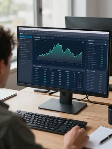 Over-the-shoulder wide shot of a professional at a desk viewing a data dashboard on a large monitor, natural north-facing office light, keyboard and notepad visible in foreground, screen charts sharply in focus