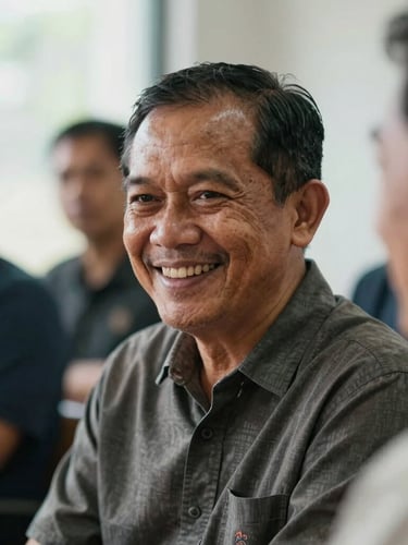 A close-up shot of a mature Indonesian man smiling warmly during a group discussion, soft natural daylight, professional workshop setting, highly focused and dignified.