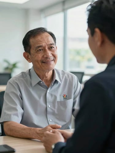 Close-up of a mature Indonesian coach talking warmly with a senior employee in a bright, modern office room, natural daylight.