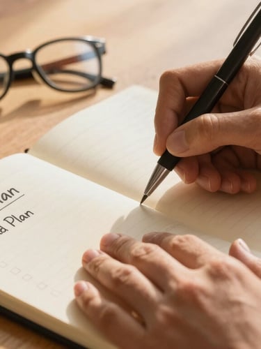 Close-up of hands writing a personal action plan on a notebook with a pen, coffee cup and glasses nearby on a warm wooden table, soft golden hour light
