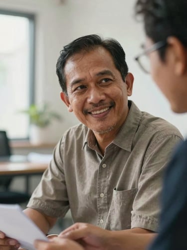 A close-up of a mature Indonesian man in his late 50s, smiling warmly as he shares his business plan with a trainer in a sunlit, modern workshop room, soft natural light, shallow depth of field.