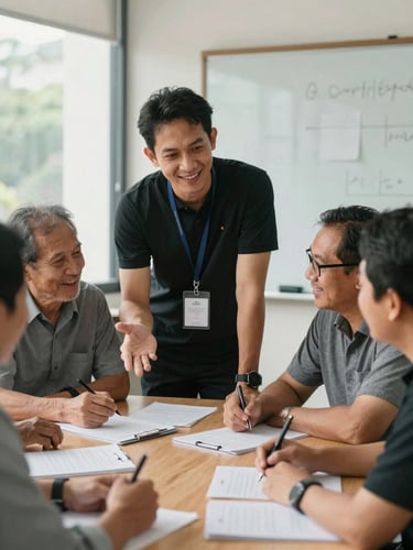 A professional Indonesian trainer in a warm-lit corporate workshop setting, guiding mature participants who are smiling and collaborating around a table with worksheets, soft natural daylight, medium shot