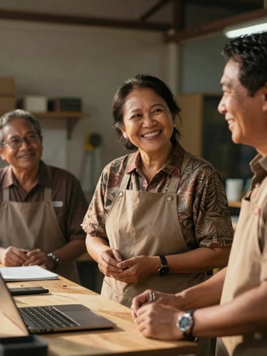 Dignified mature Indonesian employees in a warm workshop setting, smiling and discussing actively, natural golden hour lighting, medium shot.