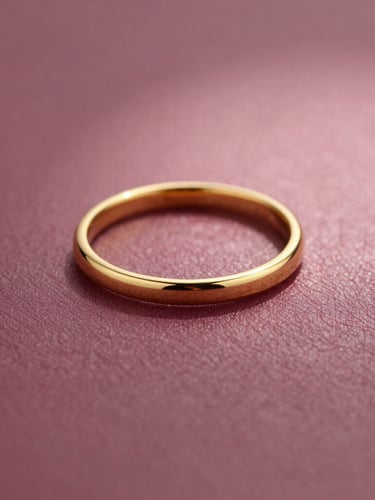 Macro shot of a delicate solid gold ring catching soft warm natural light on skin, deep plum and dusty rose background, elegant product photography