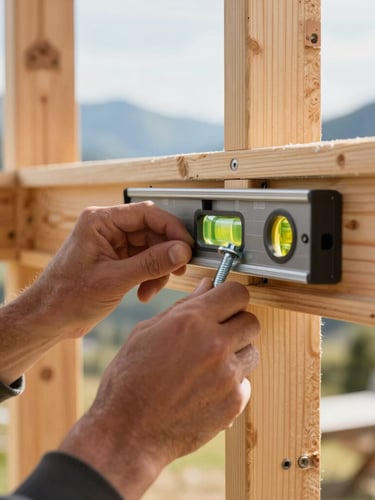 Close-up of a professional technician's hands using a leveler and heavy-duty steel lag bolts to secure a mounting bracket to a wooden wall stud, bright natural daylight, sharp focus, warm wood tones, professional 35mm