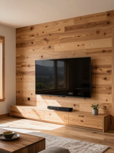Clean completed TV installation in a mountain-modern living room with warm wood paneling, bright natural mountain daylight filtering through windows, professional 35mm photography