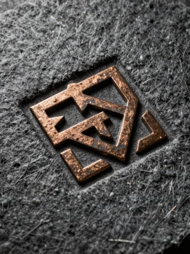 Extreme close-up of heavily textured charcoal cotton paper with a deeply embossed bronze geometric emblem, casting sharp chiaroscuro shadows across the surface.