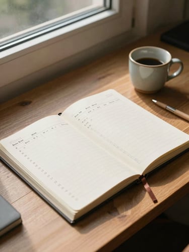Neatly organized study workspace with a notebook, a structured study planner, and a small ceramic cup under bright daylight from a side window.
