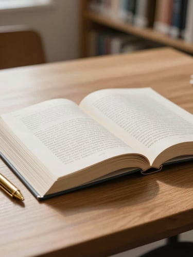 An open academic textbook on a clean wooden desk, soft natural daylight illuminating the pages, a brass pen resting on the margin, minimalist library background.