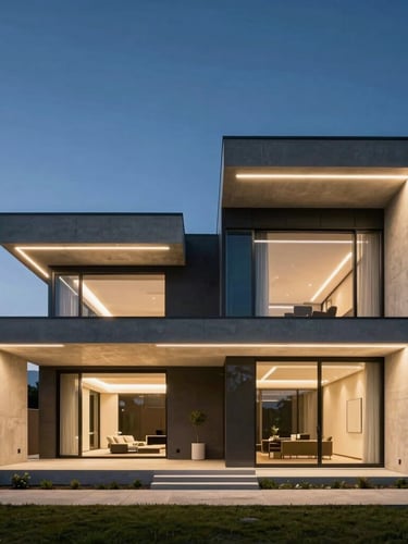 Wide symmetrical twilight shot of a luxury modern villa facade, linear architectural LED lighting illuminating concrete and glass structures, dark blue sky, negative space on the left