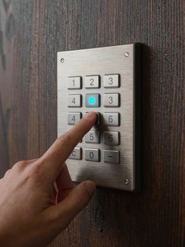 Vertical portrait of a hand touching a flush-mounted brushed metal keypad on a dark textured wood wall, a single sharp electric cyan status indicator glowing, soft side lighting, architectural detail.