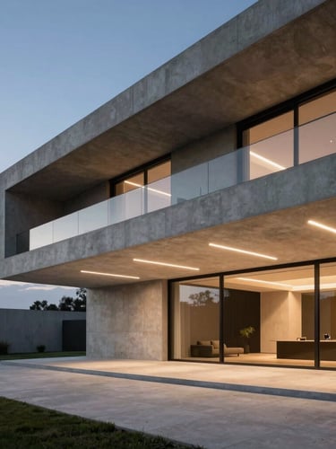 Wide architectural shot of a minimalist luxury villa at twilight, clean concrete lines, warm linear LED lighting integrated into the ceiling beams, no visible fixtures.
