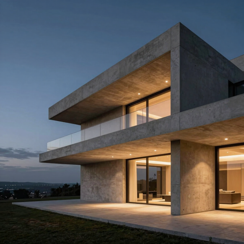 Wide panoramic twilight view of a luxury villa facade, minimalist concrete lines, warm indirect linear LED lighting highlighting the architectural geometry, dark sky, negative space on left