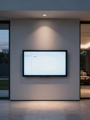 Symmetrical architectural shot of luxury home interior at twilight, flush-mounted touch screen glowing with minimal interface