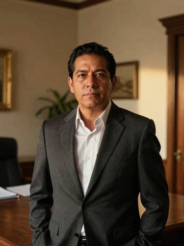 Candid professional portrait of a Mexican real estate advisor in a warm, naturally lit office setting, looking confident and serious.