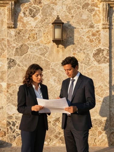Vertical environmental portrait of a professional advisor reviewing plans on a premium land parcel in Tlalixtac, warm golden-hour light casting long shadows, organic textures of Oaxacan stone.